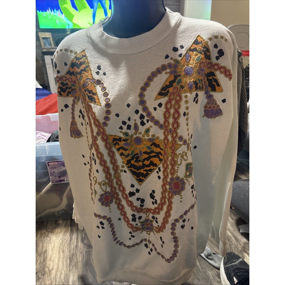 Vintage 90s KICKS Beaded Sweatshirt Gold Jewel Chain Art Deco Women 16/18